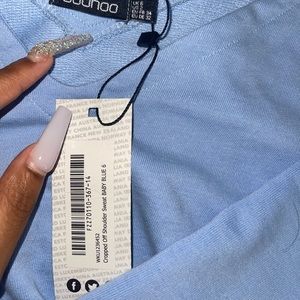 Blue off the shoulder top.